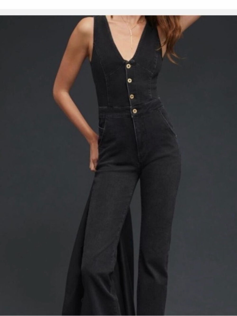 Pilcro Black Wide-Leg Denim Jumpsuit with Button Front